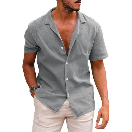 Summer Lapel Solid Color Short-sleeved Shirt Buttons Men's Cotton Linen Shirt