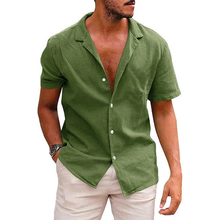 Summer Lapel Solid Color Short-sleeved Shirt Buttons Men's Cotton Linen Shirt