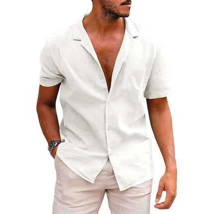 Summer Lapel Solid Color Short-sleeved Shirt Buttons Men's Cotton Linen Shirt