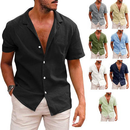 Summer Lapel Solid Color Short-sleeved Shirt Buttons Men's Cotton Linen Shirt