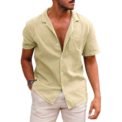 Summer Lapel Solid Color Short-sleeved Shirt Buttons Men's Cotton Linen Shirt