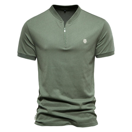 Men's Zipper Cotton V-Neck Short Sleeve T-Shirt Solid Color Embroidery Sport Bottom Shirt