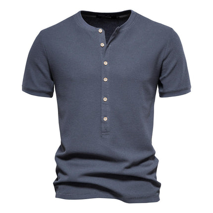 Waffle Henley Pattern Men's Casual Crew Neck Knit Short Sleeve T-Shirt