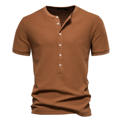 Waffle Henley Pattern Men's Casual Crew Neck Knit Short Sleeve T-Shirt