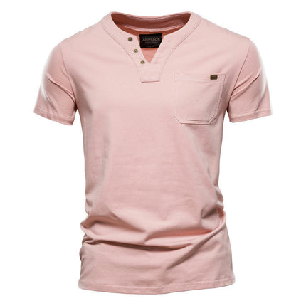 Men's Fashion Slim Short Sleeve Cotton T-Shirt with Pocket Buttons