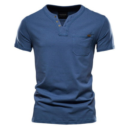 Men's Fashion Slim Short Sleeve Cotton T-Shirt with Pocket Buttons