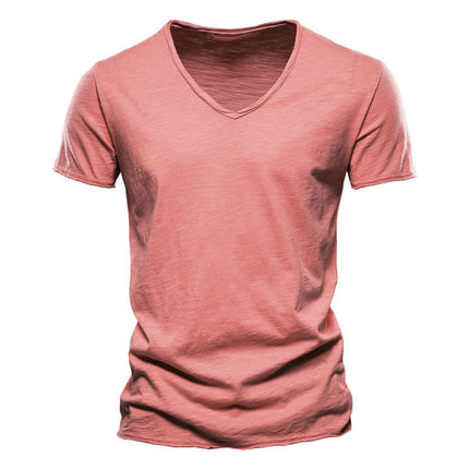 Men's Solid Color Bamboo Cotton V-Neck Short Sleeve T-Shirt Soft Lightweight Outdoor Sweatshirt