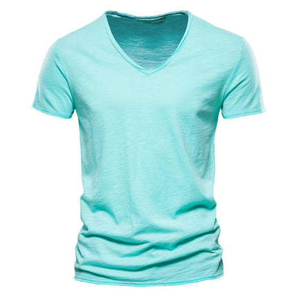 Men's Solid Color Bamboo Cotton V-Neck Short Sleeve T-Shirt Soft Lightweight Outdoor Sweatshirt