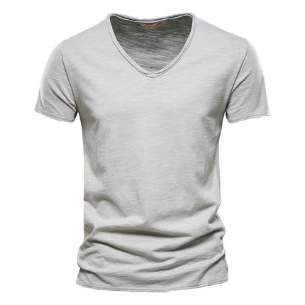 Men's Solid Color Bamboo Cotton V-Neck Short Sleeve T-Shirt Soft Lightweight Outdoor Sweatshirt