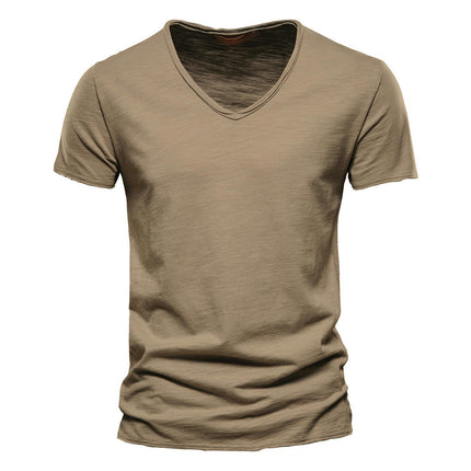 Men's Solid Color Bamboo Cotton V-Neck Short Sleeve T-Shirt Soft Lightweight Outdoor Sweatshirt