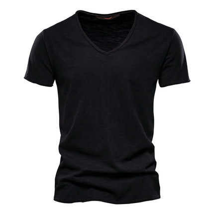 Men's Solid Color Bamboo Cotton V-Neck Short Sleeve T-Shirt Soft Lightweight Outdoor Sweatshirt