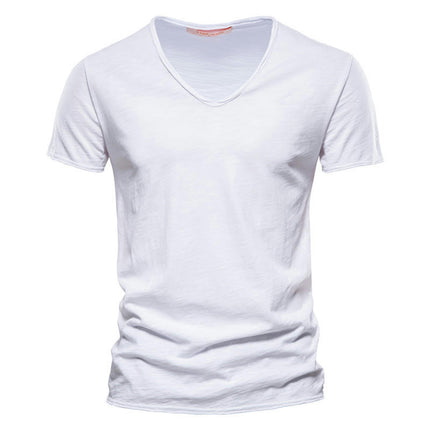 Men's Solid Color Bamboo Cotton V-Neck Short Sleeve T-Shirt Soft Lightweight Outdoor Sweatshirt