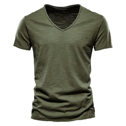 Men's Solid Color Bamboo Cotton V-Neck Short Sleeve T-Shirt Soft Lightweight Outdoor Sweatshirt