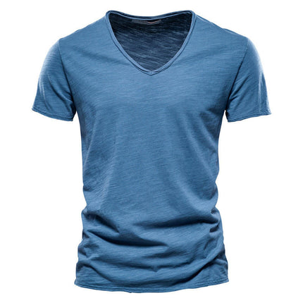 Men's Solid Color Bamboo Cotton V-Neck Short Sleeve T-Shirt Soft Lightweight Outdoor Sweatshirt