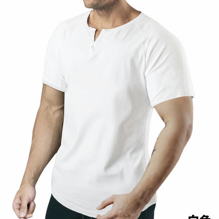 Mens Summer Cotton Casual Henley Shirts Single Button Placket Plain v Neck T-Shirts Regular Fit