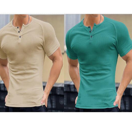 Men's Fashion Casual Crew Neck 3 Button Front Placket Basic Short Sleeve Henley Shirt