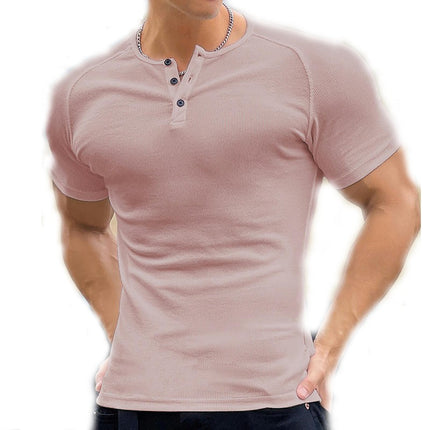 Men's Fashion Casual Crew Neck 3 Button Front Placket Basic Short Sleeve Henley Shirt