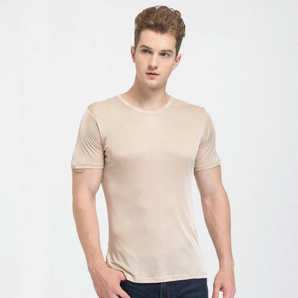 Summer Solid Color Round Neck Short Sleeve T-shirt Men's Mulberry Silk Knit Comfortable Breathable Shirt