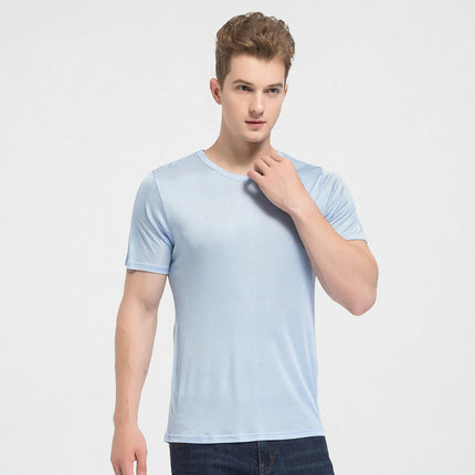 Summer Solid Color Round Neck Short Sleeve T-shirt Men's Mulberry Silk Knit Comfortable Breathable Shirt