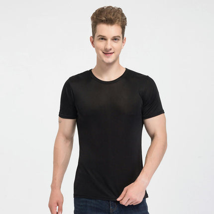 Summer Solid Color Round Neck Short Sleeve T-shirt Men's Mulberry Silk Knit Comfortable Breathable Shirt