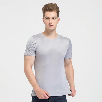 Summer Solid Color Round Neck Short Sleeve T-shirt Men's Mulberry Silk Knit Comfortable Breathable Shirt