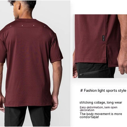 Men's T-shirt - Loose Round Neck Short Sleeve - Bottom Hem Split Sports Bottoming T-shirt