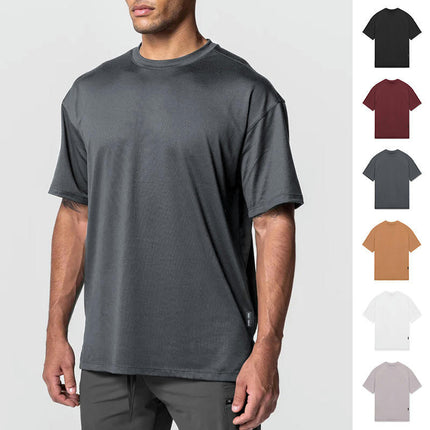 Men's T-shirt - Loose Round Neck Short Sleeve - Bottom Hem Split Sports Bottoming T-shirt