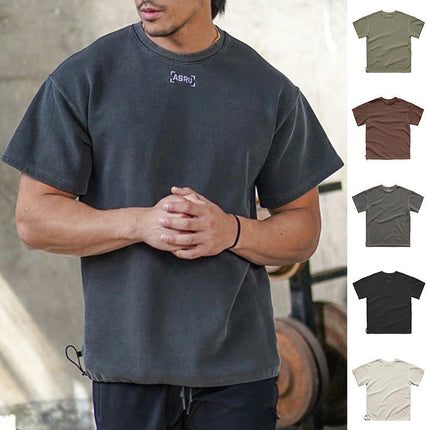 Men's T-shirt Loose Cotton Round Neck Short Sleeve Vintage Washed Embroidery Bottoming Shirt