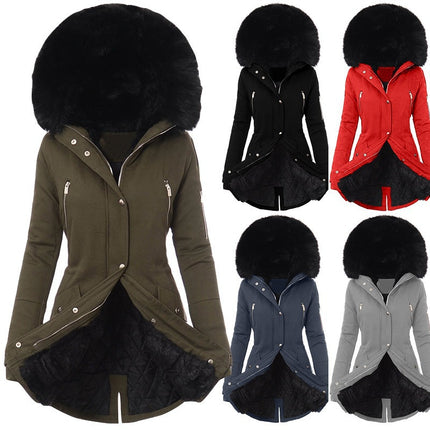 Women Winter Warm Coat Classic Cotton Jacket Faux Fur Hooded Windproof Coat