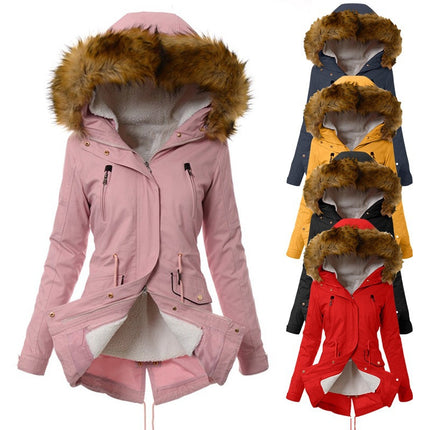 Women's Thickened Wool Lined Parka Coat (Winter) Full Zipper Faux Fur Hooded Coat