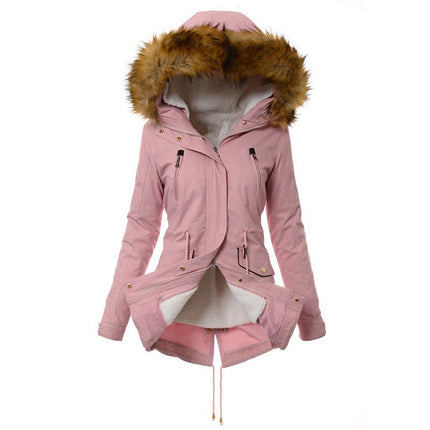 Women's Thickened Wool Lined Parka Coat (Winter) Full Zipper Faux Fur Hooded Coat