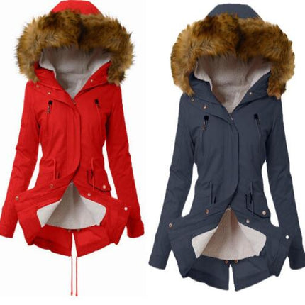 Women's Thickened Wool Lined Parka Coat (Winter) Full Zipper Faux Fur Hooded Coat