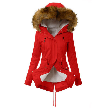 Women's Thickened Wool Lined Parka Coat (Winter) Full Zipper Faux Fur Hooded Coat