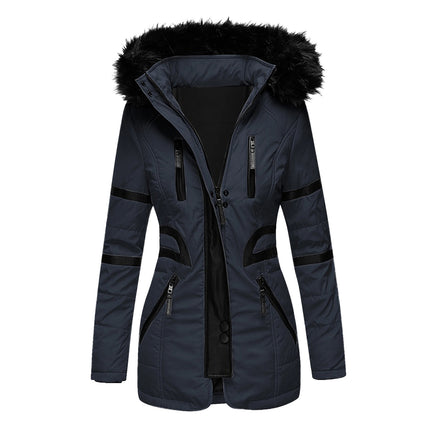 Women's Winter Coat Hair Collar Hooded Long Zipper Cotton Clothes  PU Patchwork Coat with Pockets