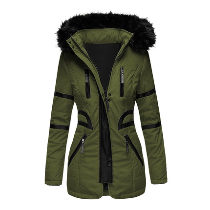 Women's Winter Coat Hair Collar Hooded Long Zipper Cotton Clothes  PU Patchwork Coat with Pockets