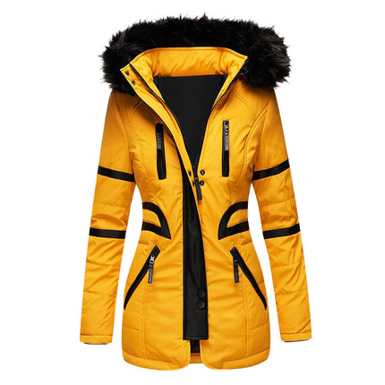 Women's Winter Coat Hair Collar Hooded Long Zipper Cotton Clothes  PU Patchwork Coat with Pockets