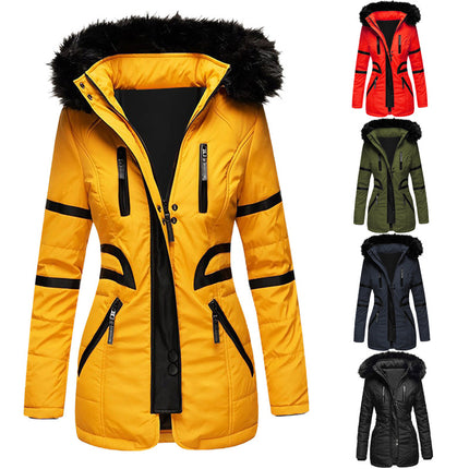 Women's Winter Coat Hair Collar Hooded Long Zipper Cotton Clothes  PU Patchwork Coat with Pockets