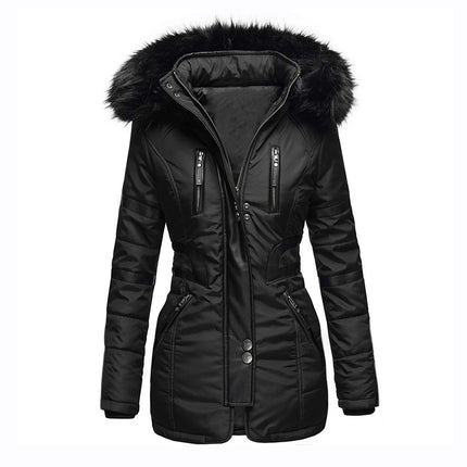 Women's Winter Coat Hair Collar Hooded Long Zipper Cotton Clothes  PU Patchwork Coat with Pockets