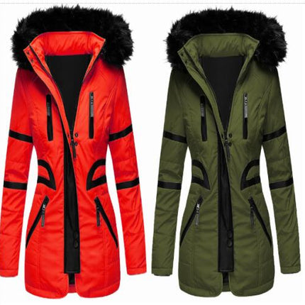 Women's Winter Coat Hair Collar Hooded Long Zipper Cotton Clothes  PU Patchwork Coat with Pockets