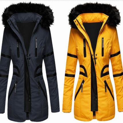 Women's Winter Coat Hair Collar Hooded Long Zipper Cotton Clothes  PU Patchwork Coat with Pockets