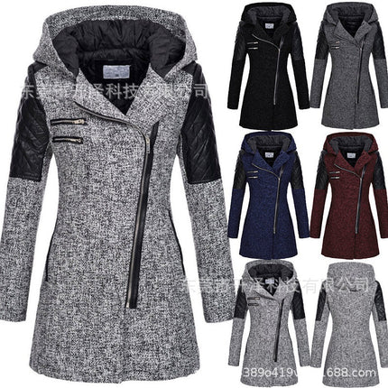 Women's Winter Thickened Cotton Jacket, Warm Coat - Hooded Oblique Zipper Long Ladies Jacket