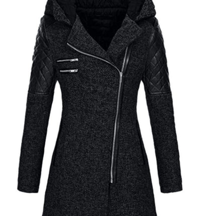 Women's Winter Thickened Cotton Jacket, Warm Coat - Hooded Oblique Zipper Long Ladies Jacket