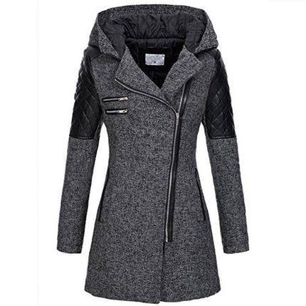 Women's Winter Thickened Cotton Jacket, Warm Coat - Hooded Oblique Zipper Long Ladies Jacket