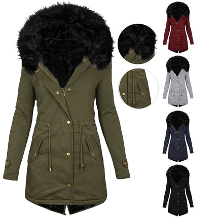 Women's Warm Faux Fur Hooded Coat Long Sleeve Wool Lined Winter Coat Parka Coat Jacket