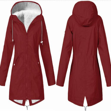 Women's Waterproof Faux Fur Lined Hooded Jacket Winter Zipper Thickened Warm Long Hiking Jacket