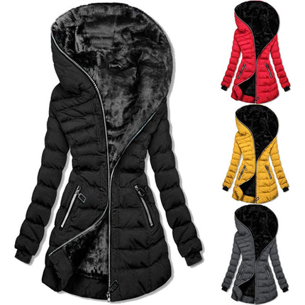 Women's Full Zipper Thickened Long Jacket Lined Faux Fur Hooded Warm Quilted Jacket