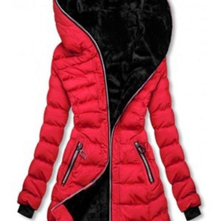 Women's Full Zipper Thickened Long Jacket Lined Faux Fur Hooded Warm Quilted Jacket