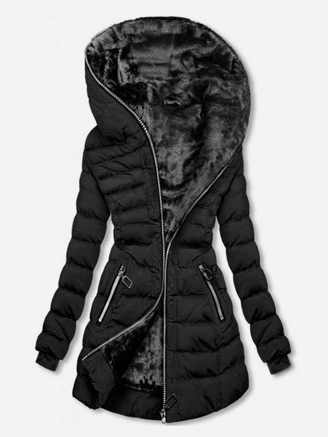 Women's Full Zipper Thickened Long Jacket Lined Faux Fur Hooded Warm Quilted Jacket