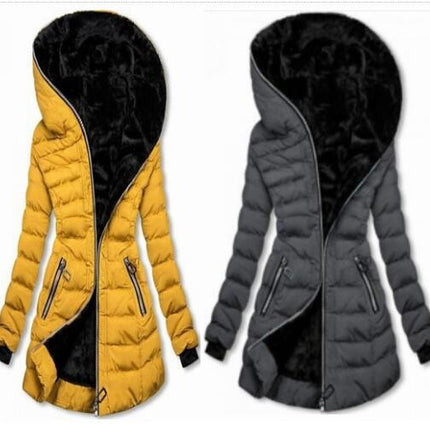 Women's Full Zipper Thickened Long Jacket Lined Faux Fur Hooded Warm Quilted Jacket