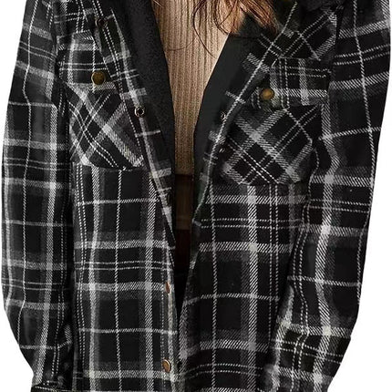 Women's Flannel Warm Jacket Plaid Shirt Fleece Hooded Pocket Casual Quilted Jacket